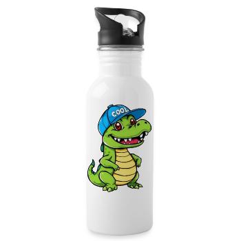 Glückliches Cartoon-Krokodil mit blauer Baseballkappe - Trinkflasche mit integriertem Trinkhalm - Weiß - Rechts