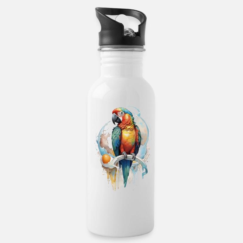 Papagei Wasserfarbe - Trinkflasche mit integriertem Trinkhalm - Weiß