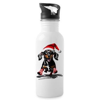 Teckel avec bonnet de Père Noël et chaussettes rayées - Gourde avec paille intégrée - blanc - Droite