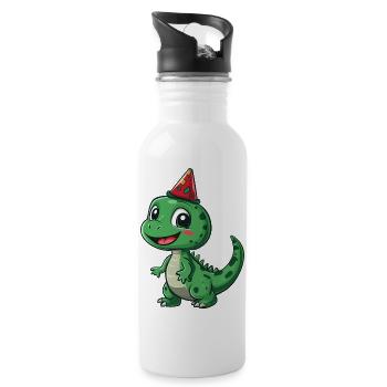 Dinosaure mignon avec chapeau de fête - Amusant et ludique - Gourde avec paille intégrée - blanc - Droite