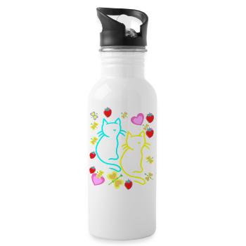 Retro Katzen Katze Herzen Erdbeeren Sommer Kinder - Trinkflasche mit integriertem Trinkhalm - Weiß - Rechts