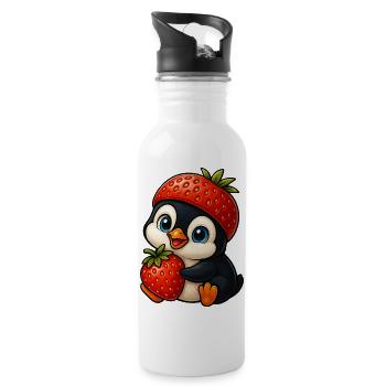 Lustiger Pinguin mit Erdbeere im Hut Fruchtig - Trinkflasche mit integriertem Trinkhalm - Weiß - Rechts