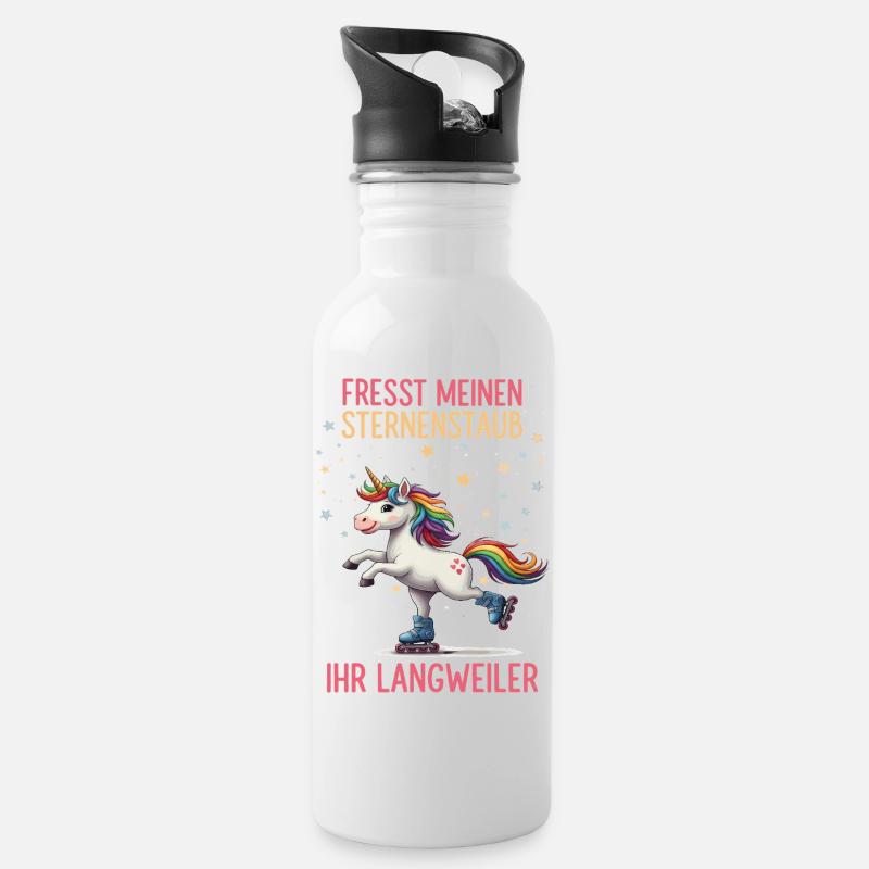 Rollschuh Einhorn - Trinkflasche mit integriertem Trinkhalm - Weiß