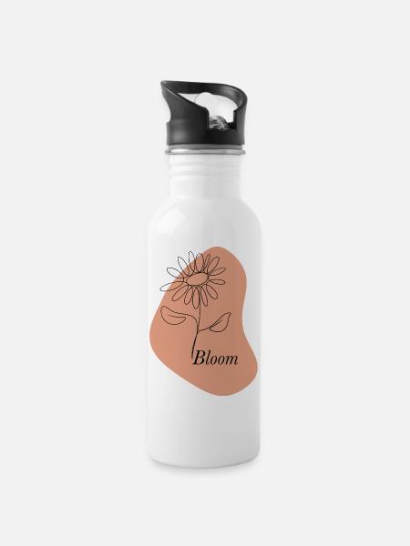 Bloom – Line Art Flower - Trinkflasche mit integriertem Trinkhalm - Weiß