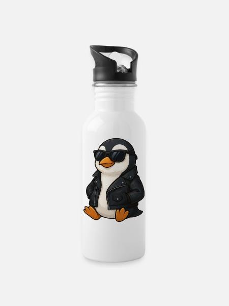 Cool Pinguin mit Sonnenbrille und Lederjacke 60er - Trinkflasche mit integriertem Trinkhalm - Weiß
