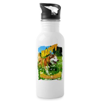 Fröhlicher Hund im Blumenfeld - Trinkflasche mit integriertem Trinkhalm - Weiß - Rechts