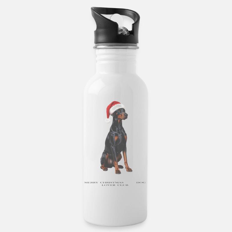 Dobermann Hund mit Santa Hut - Trinkflasche mit integriertem Trinkhalm - Weiß