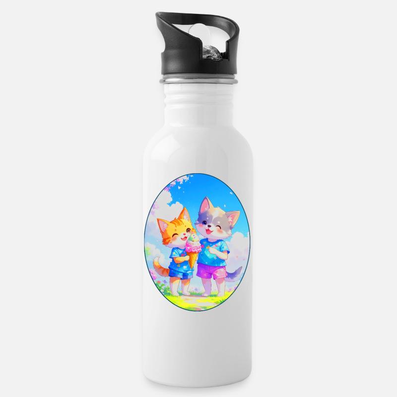 Kätzchen, Hündchen & Eiscreme (Oval) - Trinkflasche mit integriertem Trinkhalm - Weiß