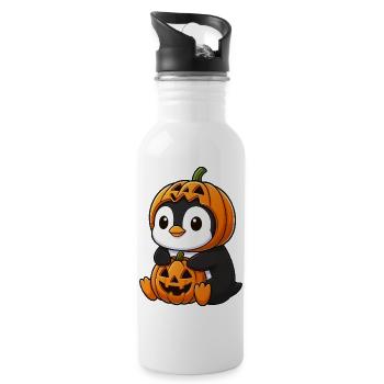 Süßer Halloween Pinguin mit Hut und Kürbis - Trinkflasche mit integriertem Trinkhalm - Weiß - Rechts