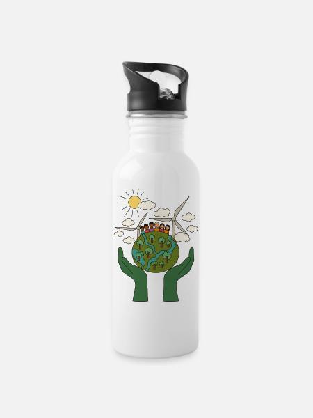 Grüne Energie in der Gemeinschaft - Trinkflasche mit integriertem Trinkhalm - Weiß