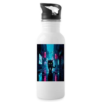 Schwarze CyberpunkKatze in neonfarbener Regenstadt - Trinkflasche mit integriertem Trinkhalm - Weiß - Rechts