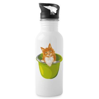 Cute ginger cat is peeking out of the bucket - Water bottle with straw - white - Right