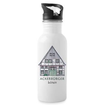 Lünen, Kreis Unna, Zeichnung Ackerbürgerhaus  - Trinkflasche mit integriertem Trinkhalm - Weiß - Rechts