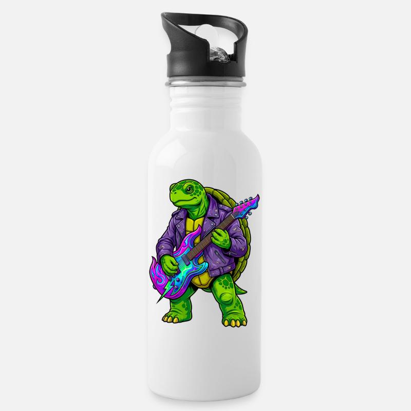 Schildkröte mit Jacke und Neon E-Gitarre - Trinkflasche mit integriertem Trinkhalm - Weiß
