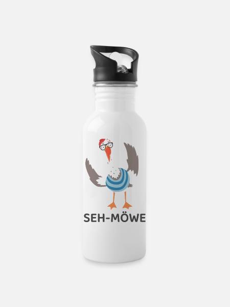 SEH-MÖWE – Lustige Möwe mit Brille Cartoon - Trinkflasche mit integriertem Trinkhalm - Weiß