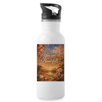 You are Beautiful Floral Sunset Art - Water bottle with straw - white - Right