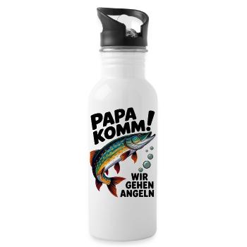 Papa Komm! Angelabenteuer Fischdesign - Trinkflasche mit integriertem Trinkhalm - Weiß - Rechts