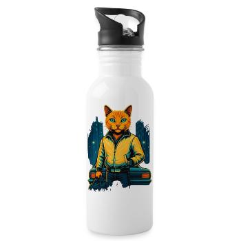 Neon Katze Stadt Style – Cooles Cat Design - Trinkflasche mit integriertem Trinkhalm - Weiß - Rechts