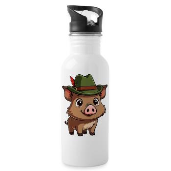 Wildschwein mit grünem Hut - Trinkflasche mit integriertem Trinkhalm - Weiß - Rechts