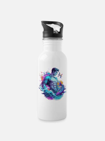 Fische-Mann – Astrologie-Geschenk - Trinkflasche mit integriertem Trinkhalm - Weiß