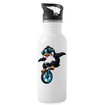 Cooler Pinguin auf Einrad Lustiges Comic - Trinkflasche mit integriertem Trinkhalm - Weiß - Rechts