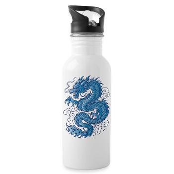 Blue Asian Dragon Tattoo Design - Water bottle with straw - white - Right