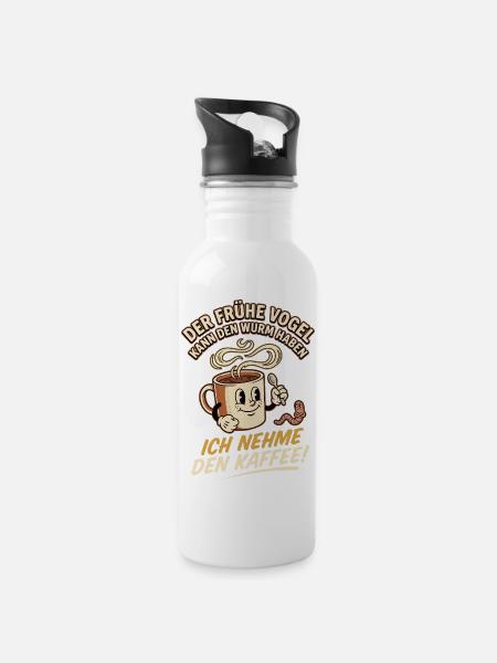 Kaffee Spruch - Früher Vogel & Wurm Lustig - Trinkflasche mit integriertem Trinkhalm - Weiß