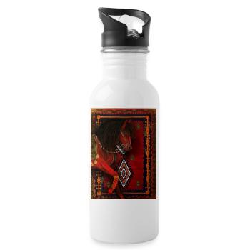 Rotes Pferd auf geometrischem Teppich - Trinkflasche mit integriertem Trinkhalm - Weiß - Rechts