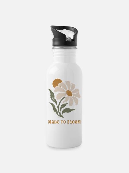 Bloom Daisy Botanischer Wappen - Trinkflasche mit integriertem Trinkhalm - Weiß