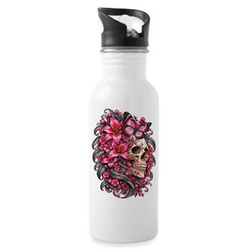 Totenkopffrau, Schädel, Schmetterlingsblüten, rosa Lilien - Trinkflasche mit integriertem Trinkhalm - Weiß - Rechts