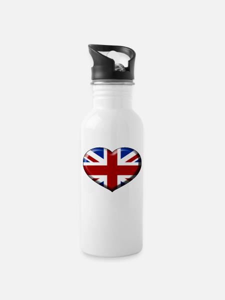 Union Jack Herz - Trinkflasche mit integriertem Trinkhalm - Weiß