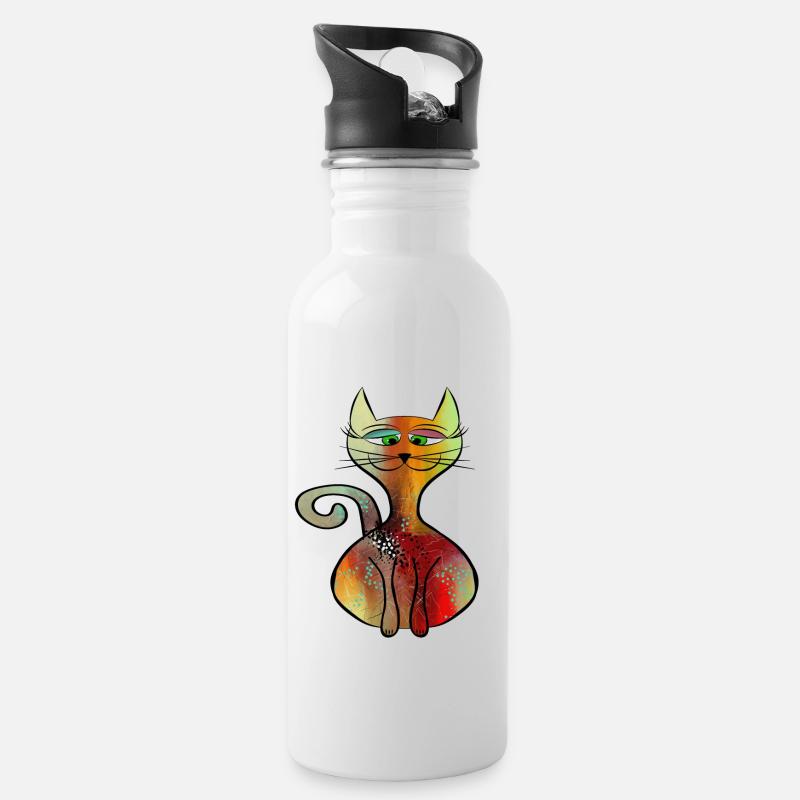 Katze - Trinkflasche mit integriertem Trinkhalm - Weiß