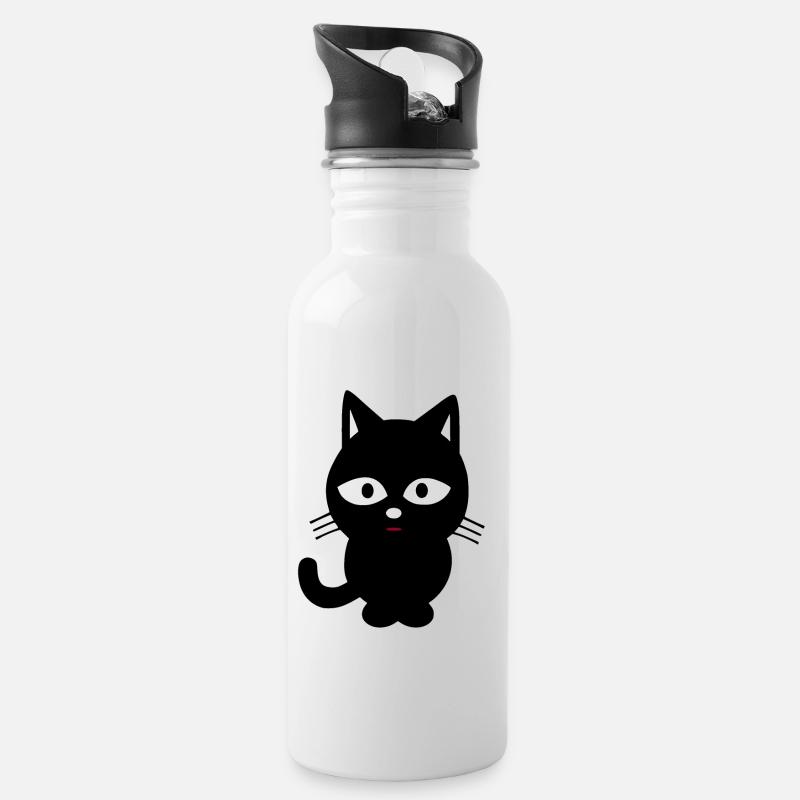 schwarze Katze - Trinkflasche mit integriertem Trinkhalm - Weiß