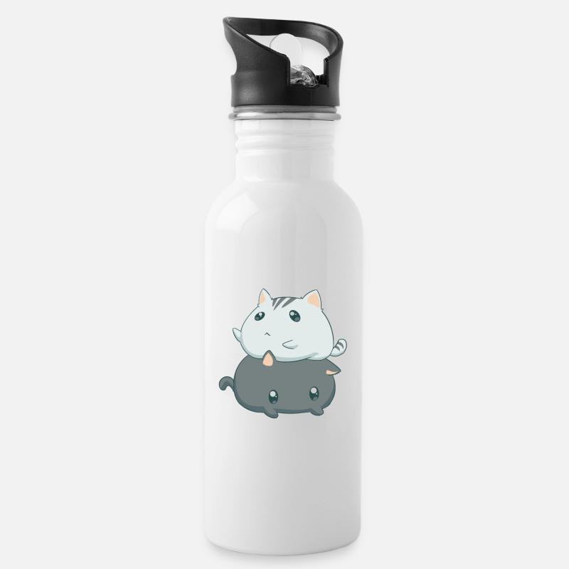 Katzen Kawaii - Trinkflasche mit integriertem Trinkhalm - Weiß