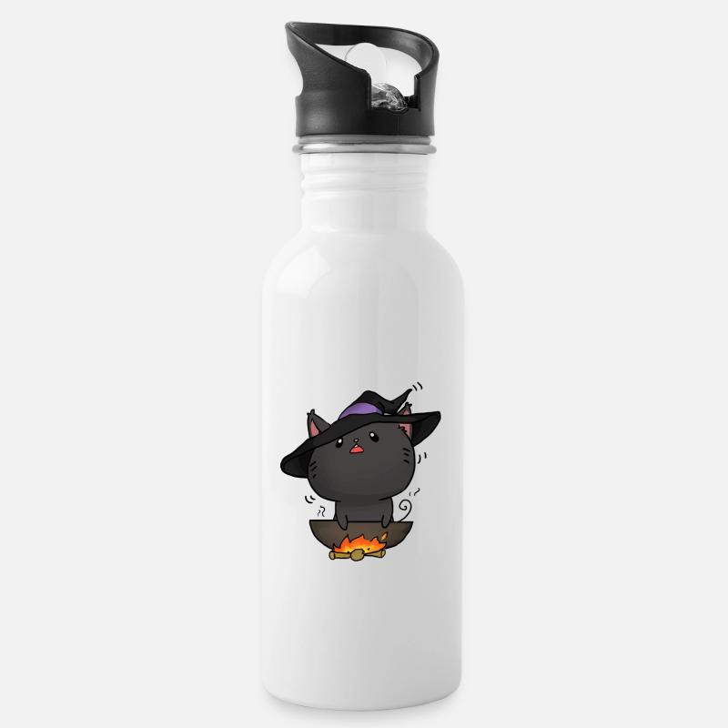 Hexe Katze Kawaii - Trinkflasche mit integriertem Trinkhalm - Weiß