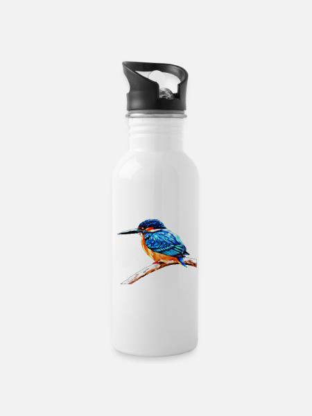 Eisvogel - Kingfisher - Trinkflasche mit integriertem Trinkhalm - Weiß