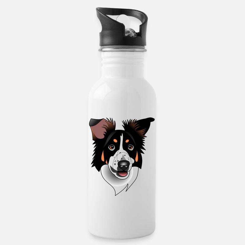 Border Collie - noir tricolore - Gourde avec paille intégrée - blanc