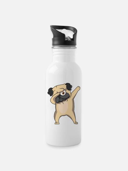 Dabbing Mops Cartoon - Trinkflasche mit integriertem Trinkhalm - Weiß