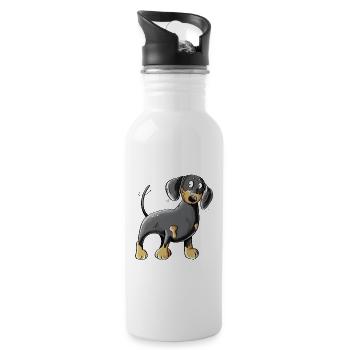 Happy Dachshund I Dackel I Teckel Hund Comic - Trinkflasche mit integriertem Trinkhalm - Weiß - Rechts