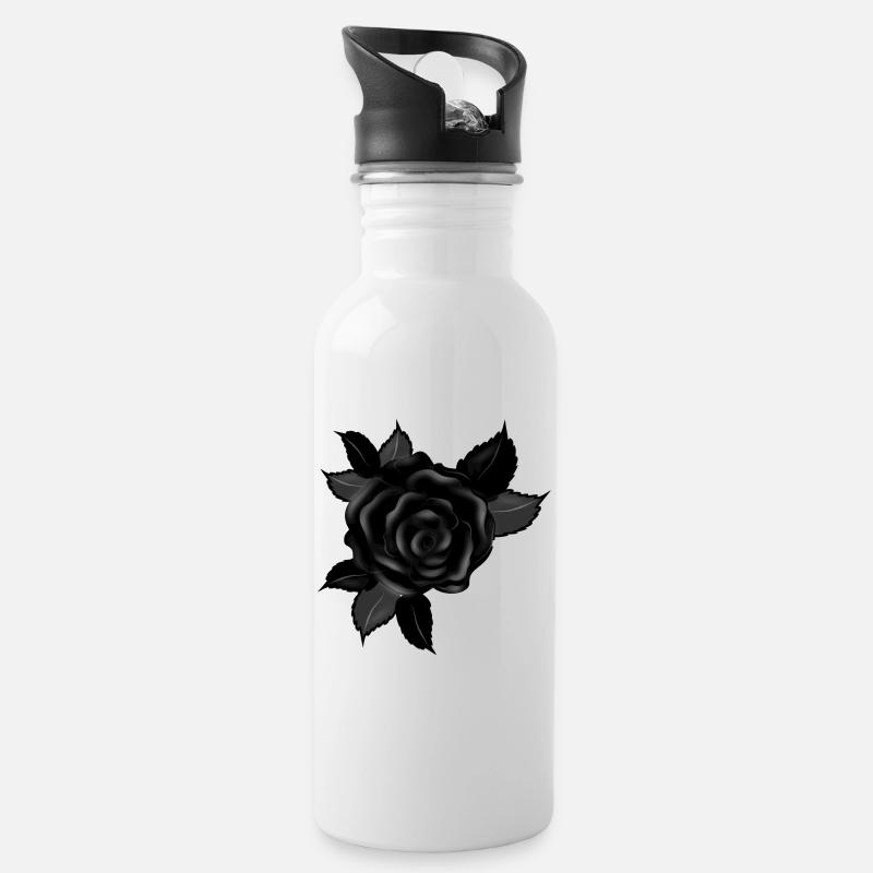 schwarze Gothic Rose - Trinkflasche mit integriertem Trinkhalm - Weiß