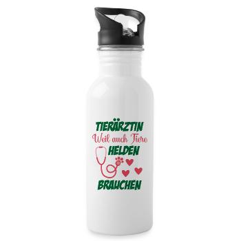 Tierarzt Geschenk Weil auch Tiere Helden brauchen - Trinkflasche mit integriertem Trinkhalm - Weiß - Rechts