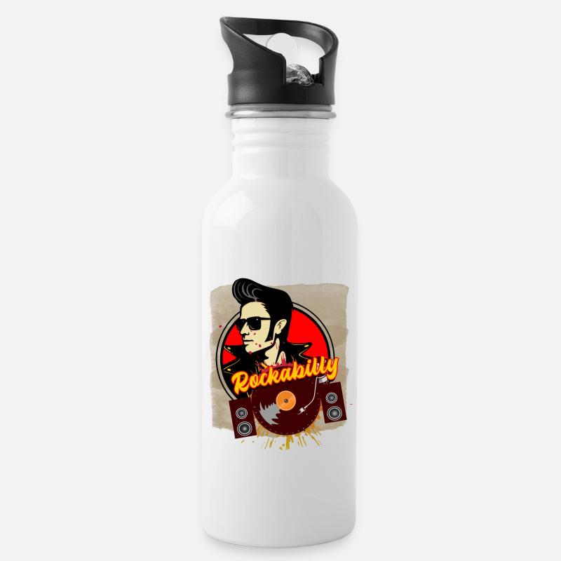 Rockabilly - Trinkflasche mit integriertem Trinkhalm - Weiß