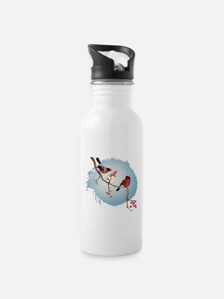 Ein Paar Gimpelen auf einem Zweig mit Beeren - Trinkflasche mit integriertem Trinkhalm - Weiß