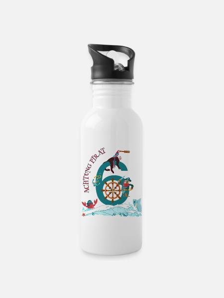 Achtung Pirat - Trinkflasche mit integriertem Trinkhalm - Weiß