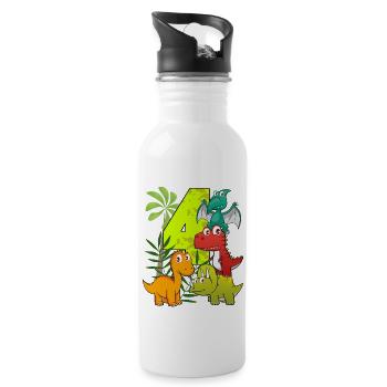 4 Jahre alt Geburtstag Junge vier 4. Dino T-Rex - Trinkflasche mit integriertem Trinkhalm - Weiß - Rechts