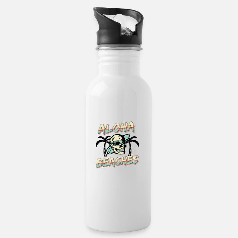 Surf Aloha Beaches Skull Palm Trees - Gourde avec paille intégrée - blanc