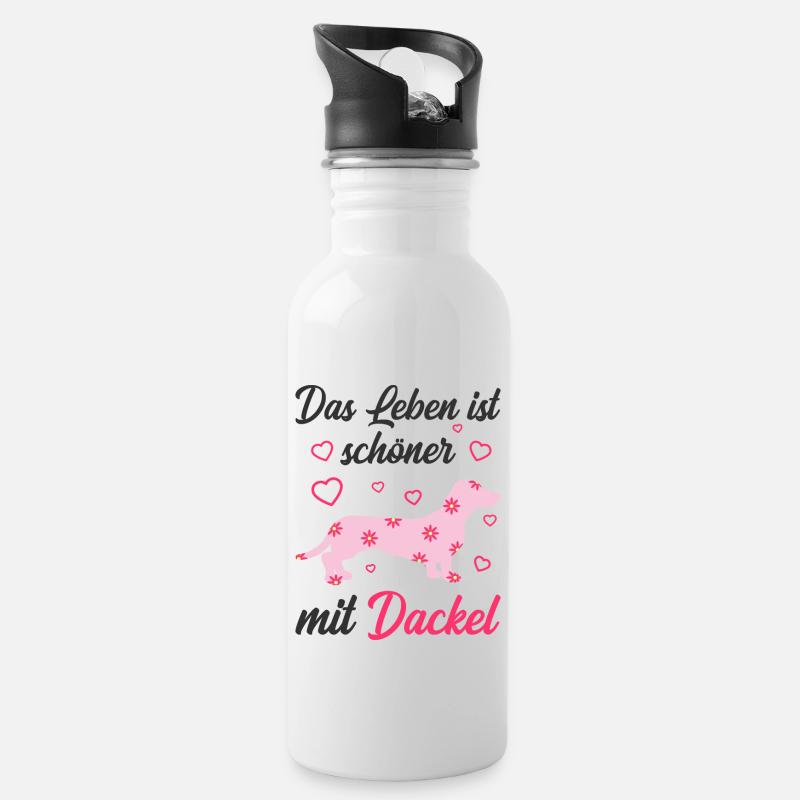 Dackel - Trinkflasche mit integriertem Trinkhalm - Weiß
