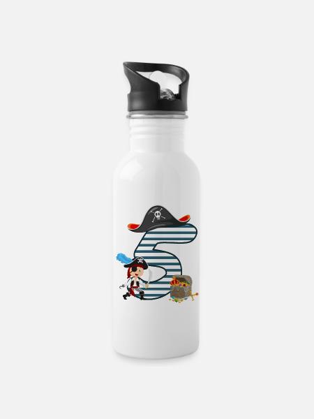 5 Jahre alt Geburtstag Junge Pirat Party Geschenk - Trinkflasche mit integriertem Trinkhalm - Weiß