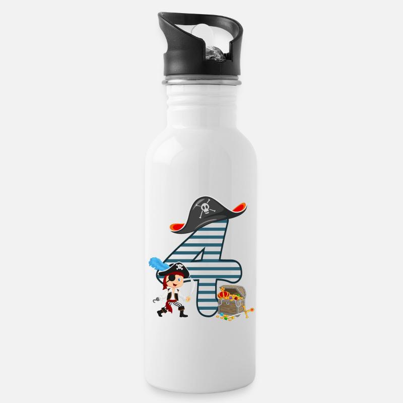 4 Jahre alt Geburtstag Junge Pirat - Trinkflasche mit integriertem Trinkhalm - Weiß