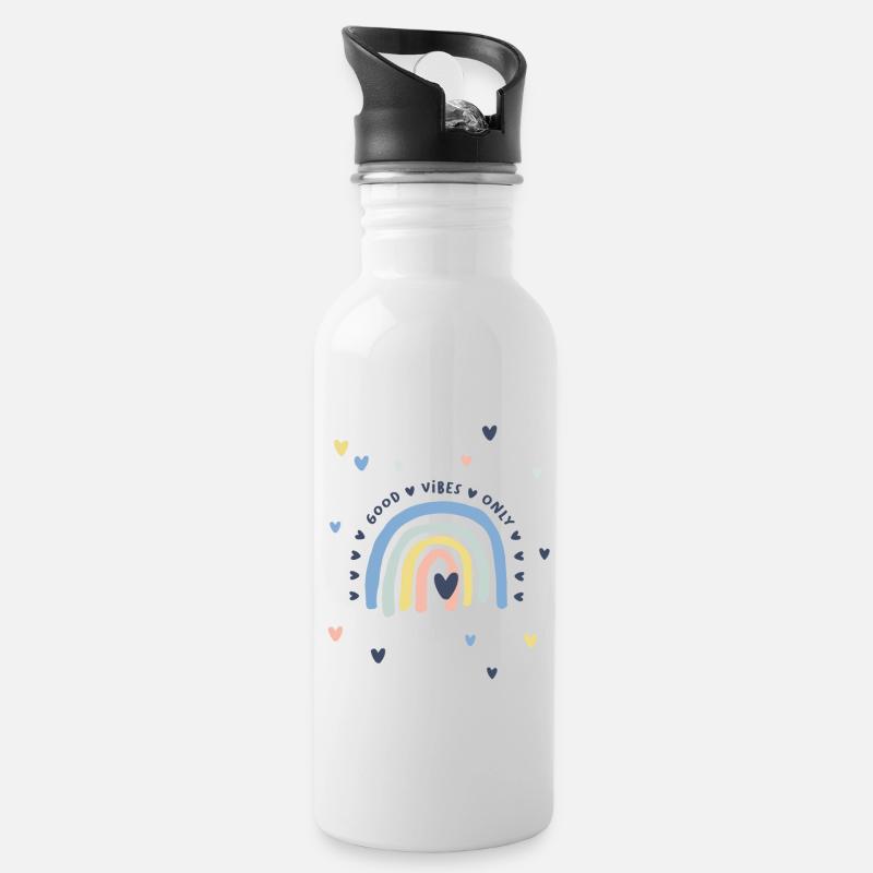 Regenbogen mit Herz - Good Vibes Only - Trinkflasche mit integriertem Trinkhalm - Weiß